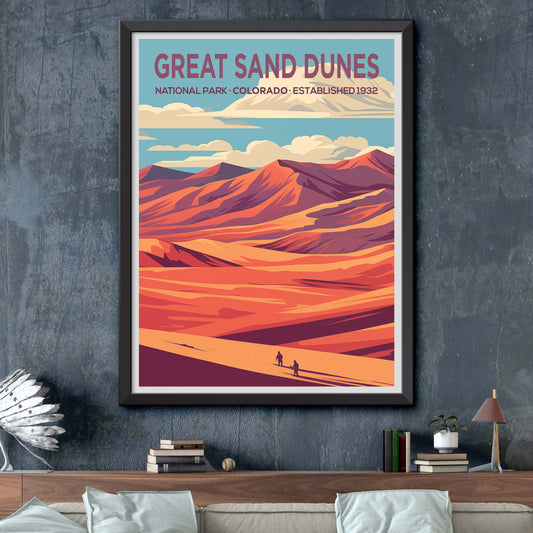 Great Sand Dunes Park Retro Art Print, Great Sand Dunes Park Illustration