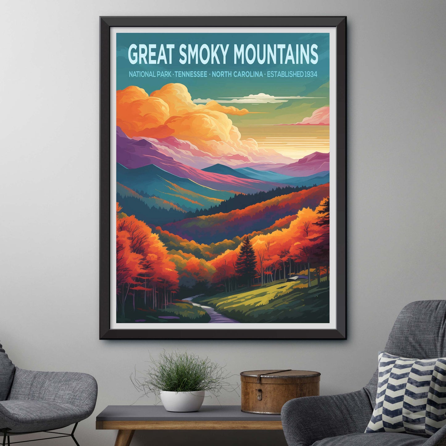 Great Smoky Mountains Travel Poster, Mountain Wall Art, Mountain Print