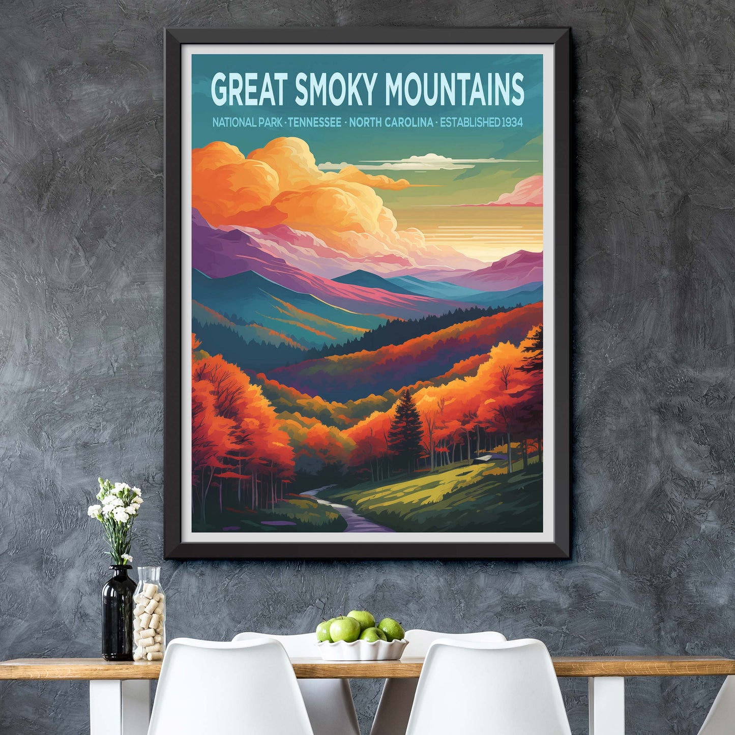 Great Smoky Mountains Travel Poster, Mountain Wall Art, Mountain Print