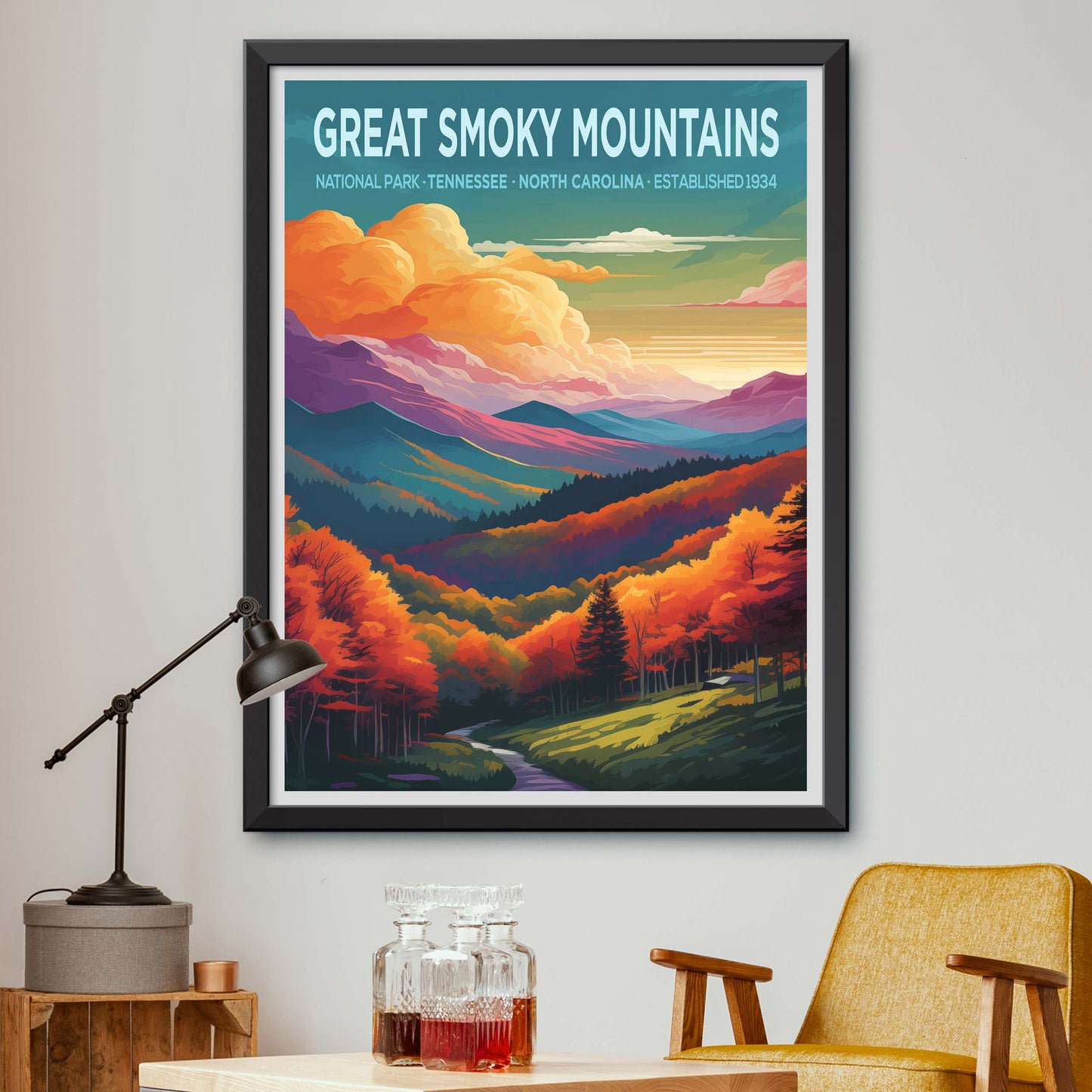 Great Smoky Mountains Travel Poster, Mountain Wall Art, Mountain Print