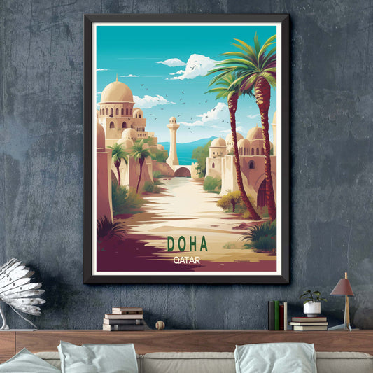 Qatar_Doha, City Skyline Artt, Travel Art Postcard