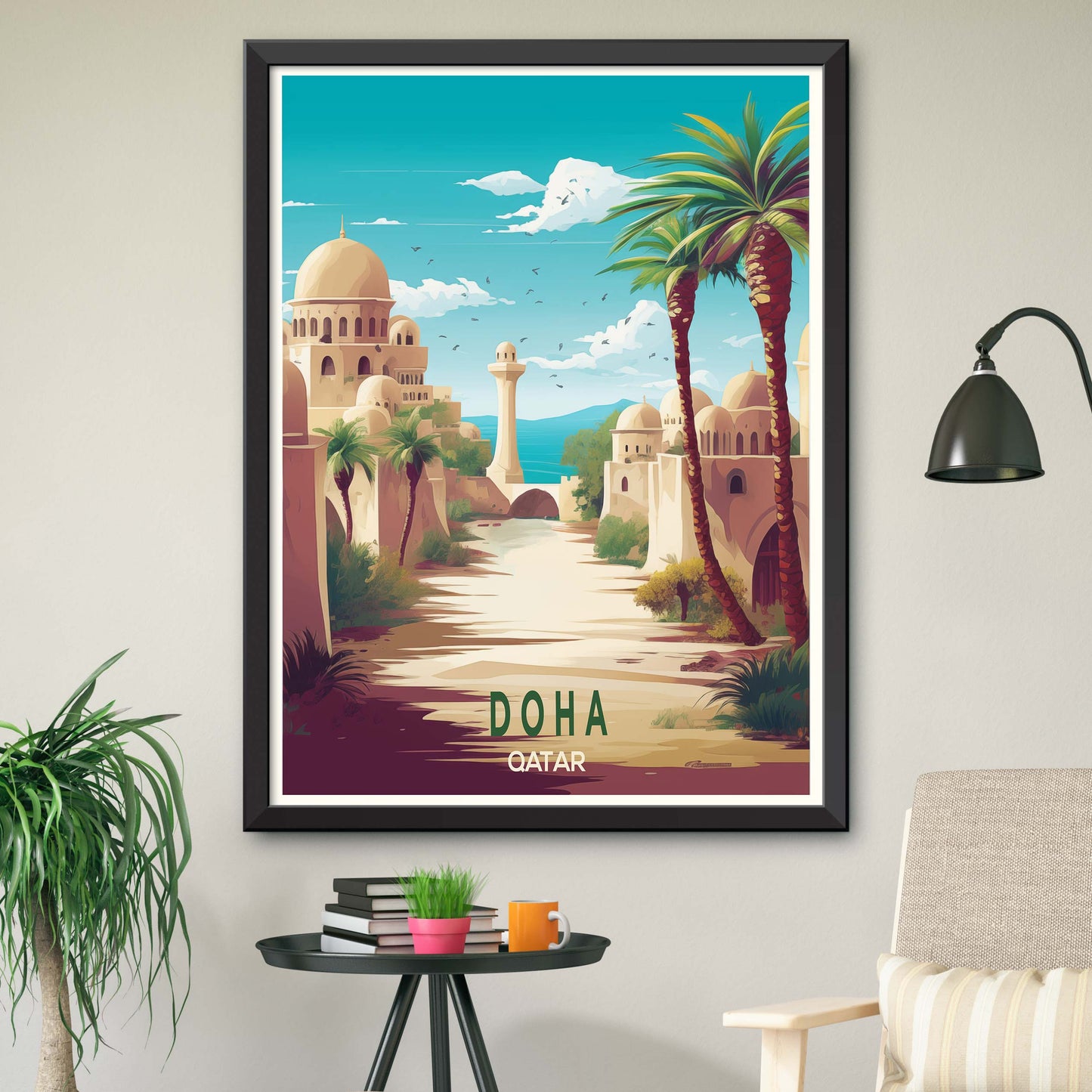 Qatar_Doha, City Skyline Artt, Travel Art Postcard