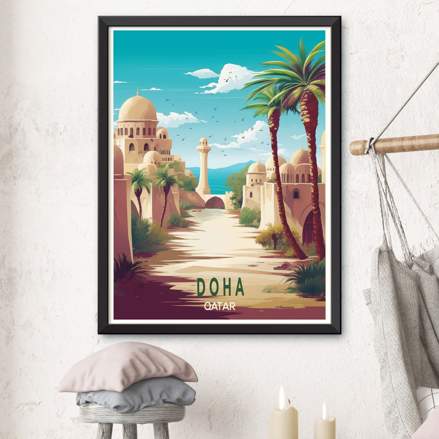 Qatar_Doha, City Skyline Artt, Travel Art Postcard