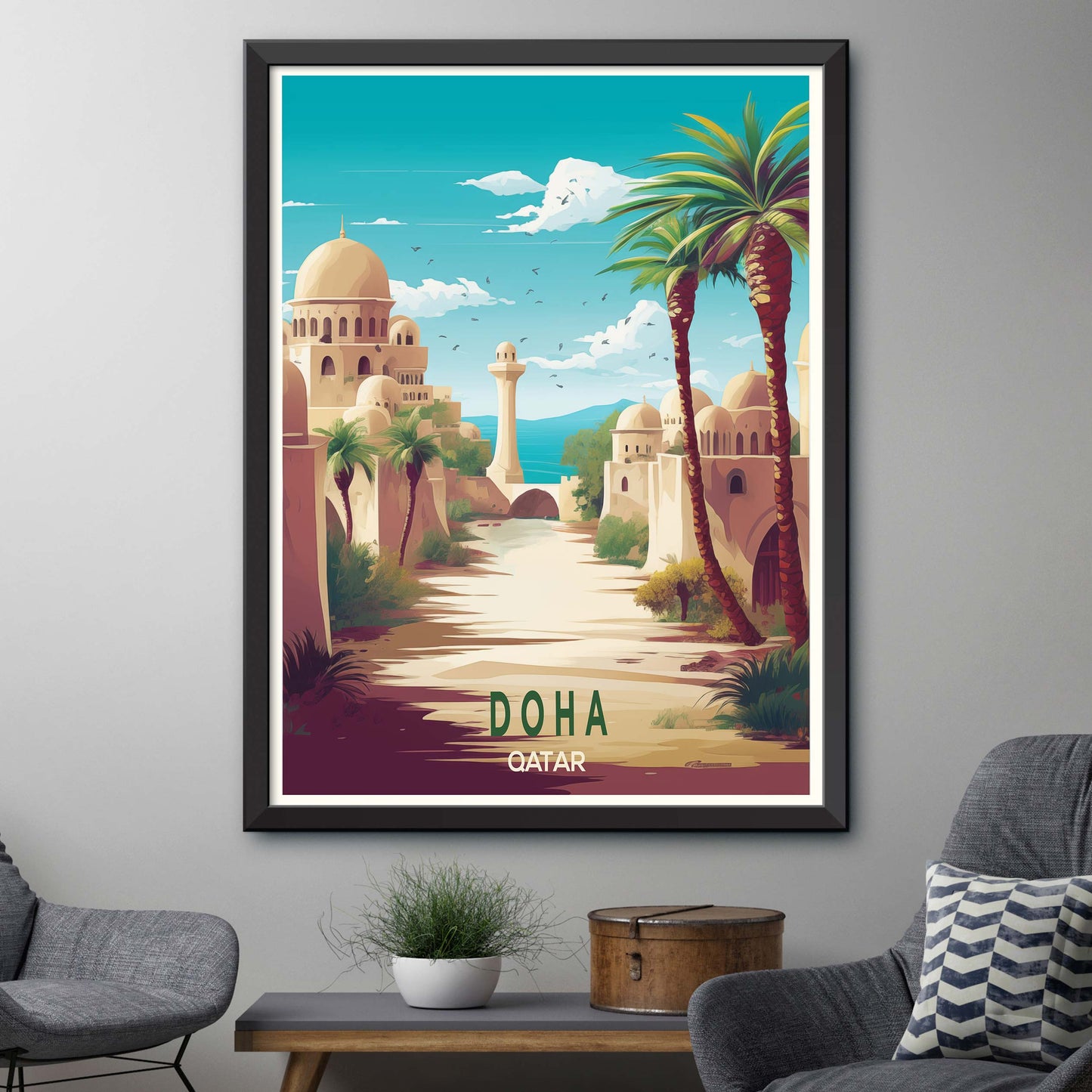 Qatar_Doha, City Skyline Artt, Travel Art Postcard