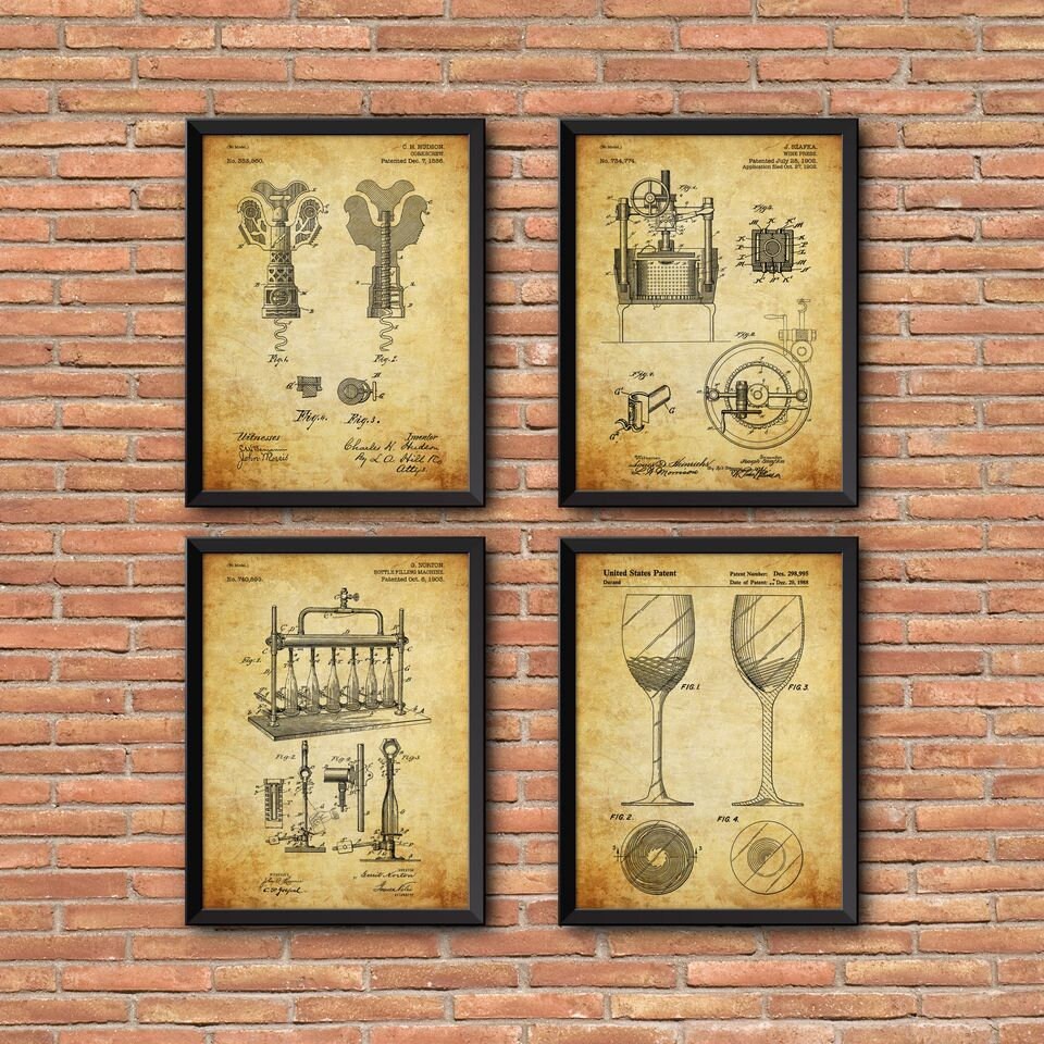 Wine Patent Prints set of 4, Wine Patent Prints, Set of Four Wine Patent Wall Art, Wine Wall Art, Patent print wall art