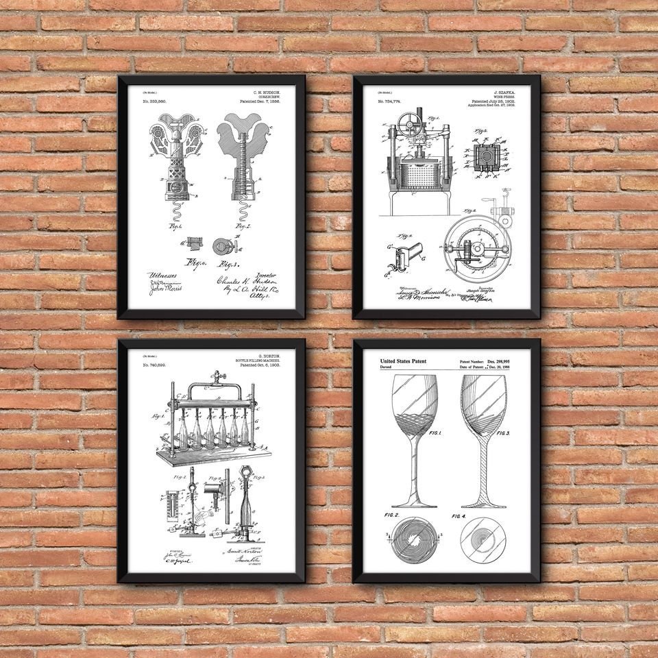 Wine Patent Prints set of 4, Wine Patent Prints, Set of Four Wine Patent Wall Art, Wine Wall Art, Patent print wall art